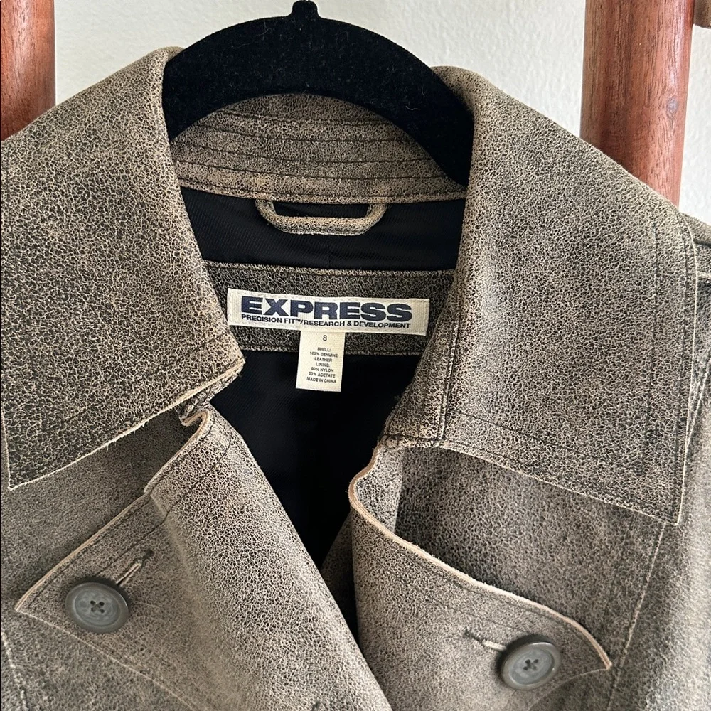 NWOT Vintage Express distressed brown leather double-breasted jacket - Picture 3 of 11